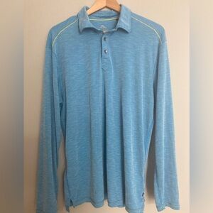Tommy Bahama  Turquoise Stripe Long Sleeve Polo Yellow Stitching Size Large